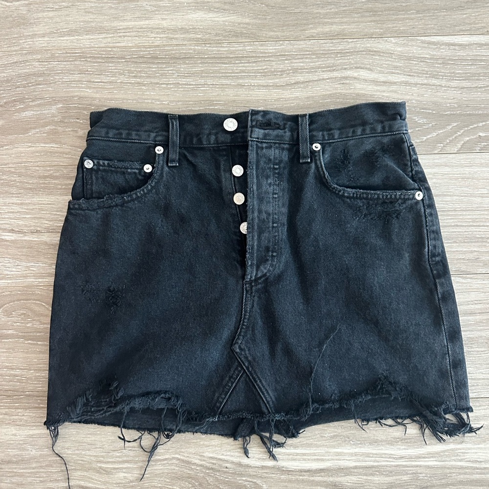 Black Distressed Denim Button-Up Skirt